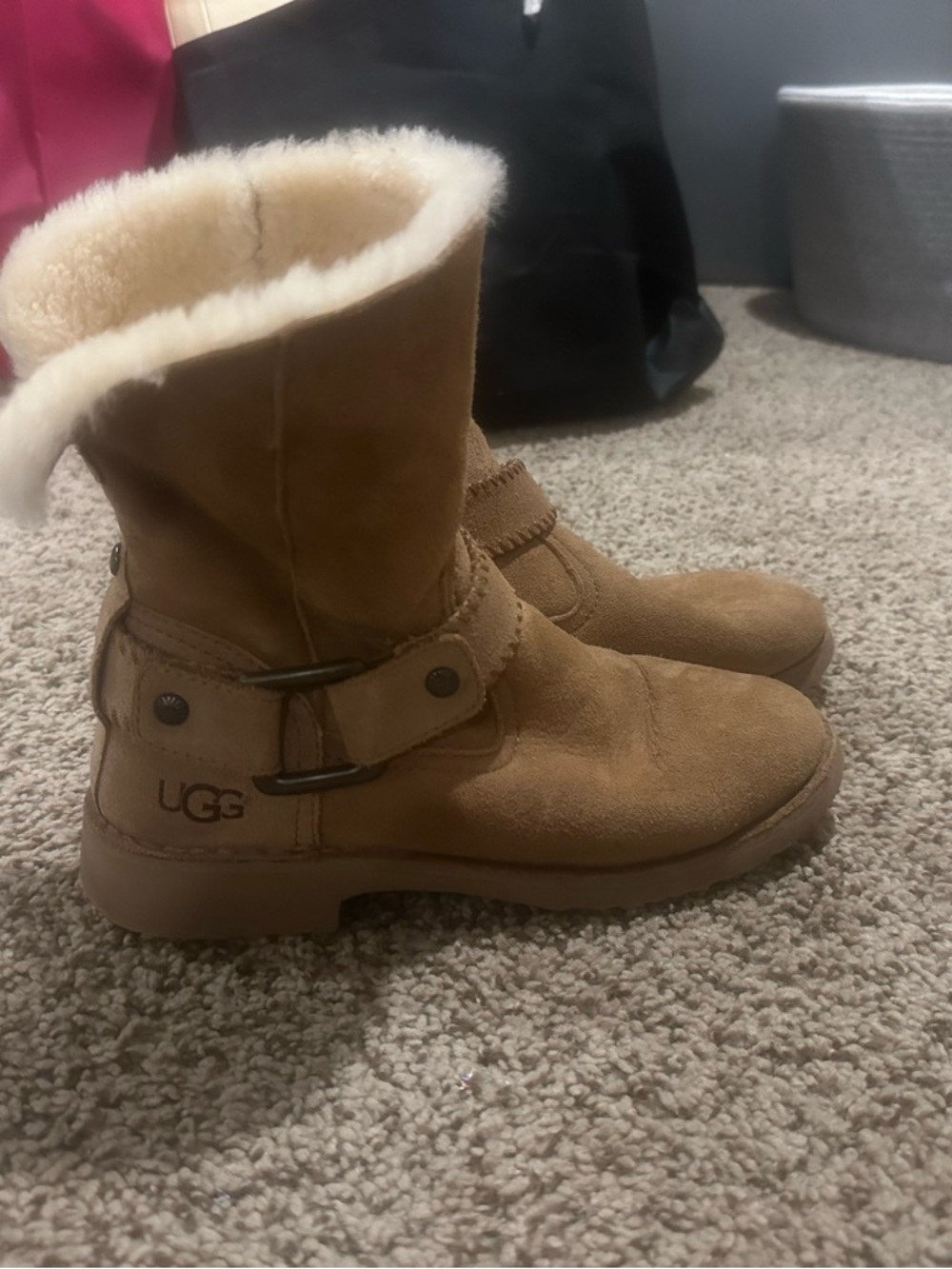 UGG Chestnut Suede Shearling Strap Ankle Boots